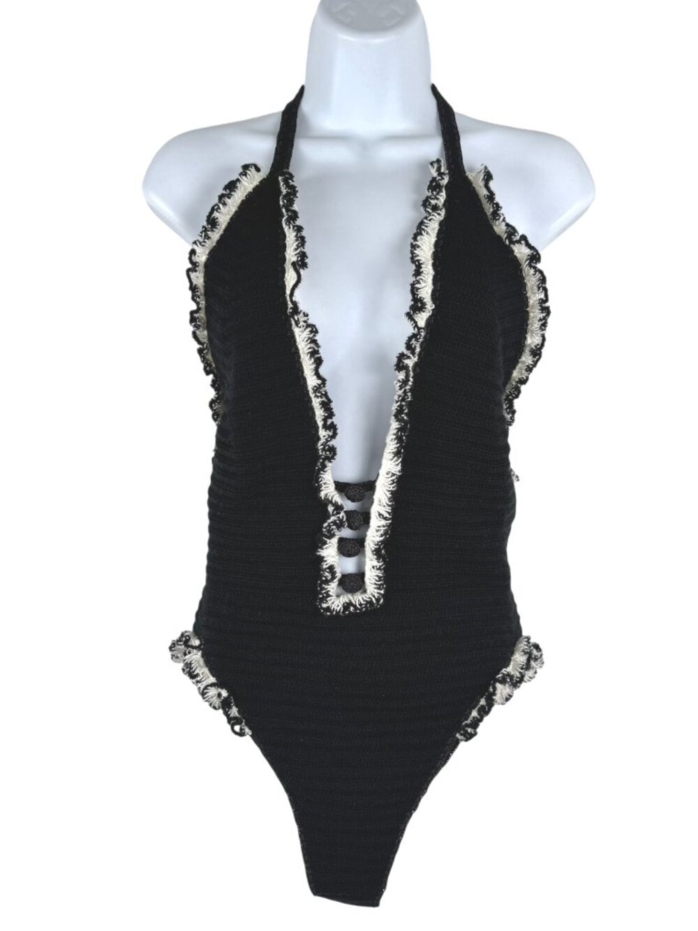 My Beachy Side Rio One Piece Swimsuit Medium Crochet Black White NWT SW-2179 D
